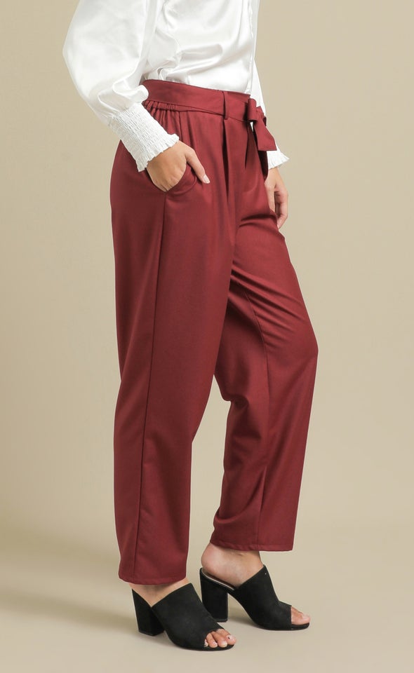 Twill Tie Waist Relaxed Pants Maroon