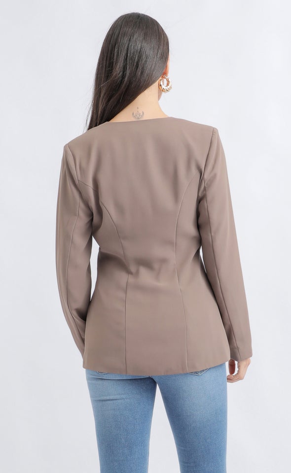 V Neck Button Up Blazer Mocha