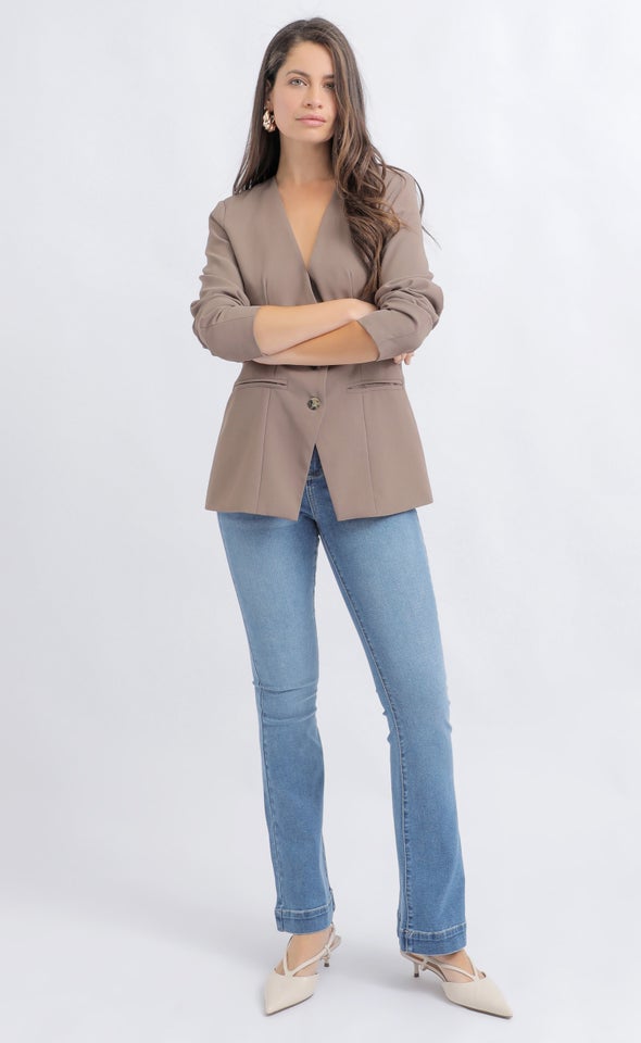 V Neck Button Up Blazer Mocha