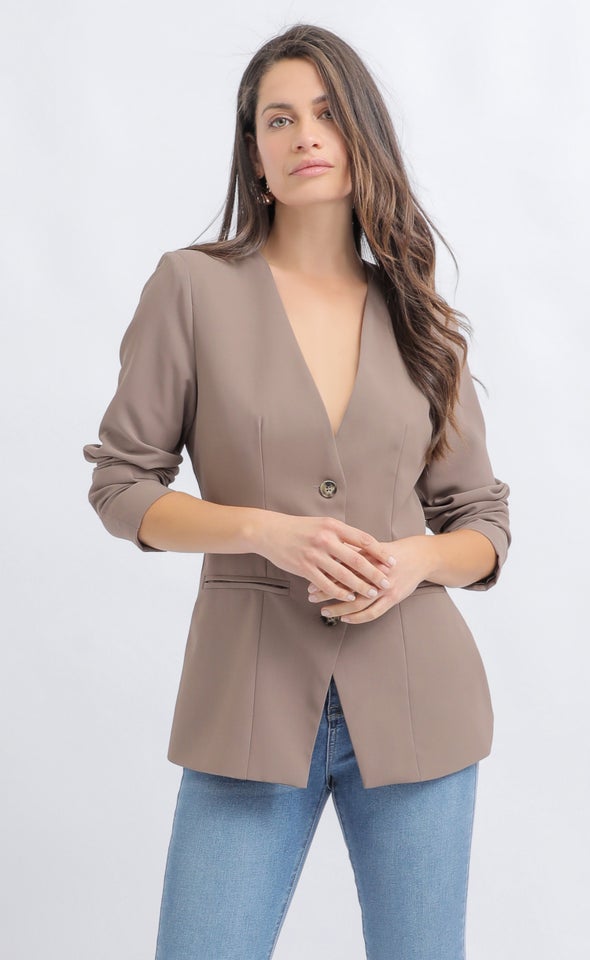 V Neck Button Up Blazer Mocha