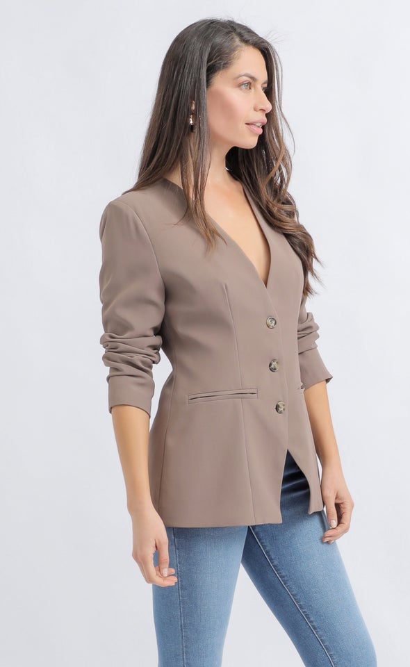 V Neck Button Up Blazer Mocha