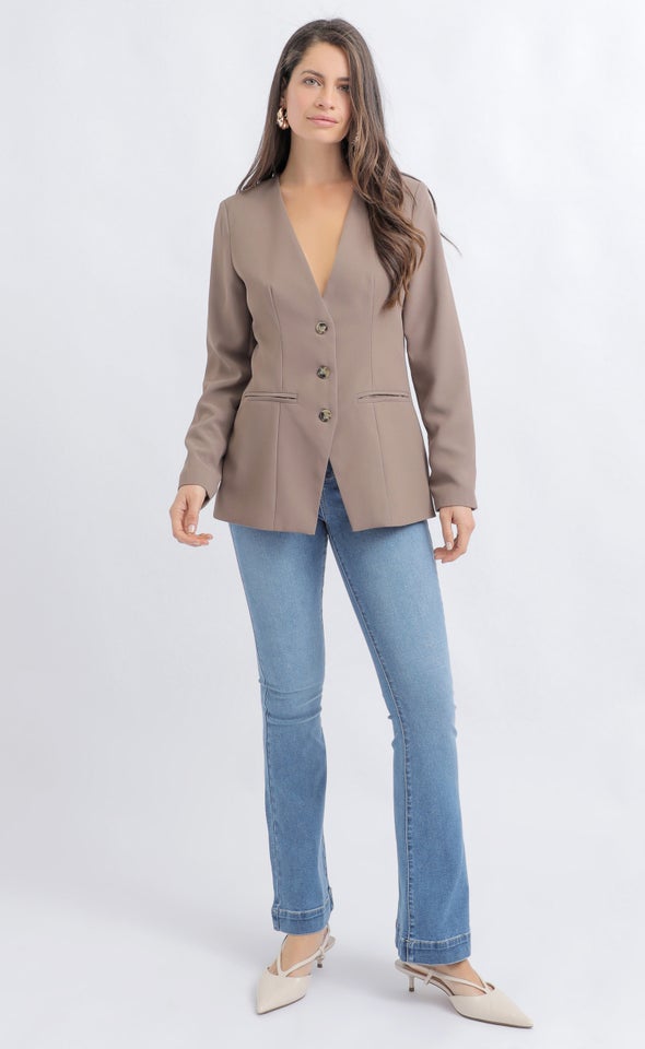 V Neck Button Up Blazer Mocha