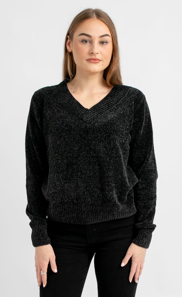 V Neck Chenille Sweater Black