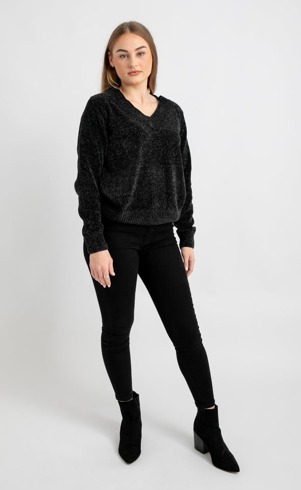 V Neck Chenille Sweater Black