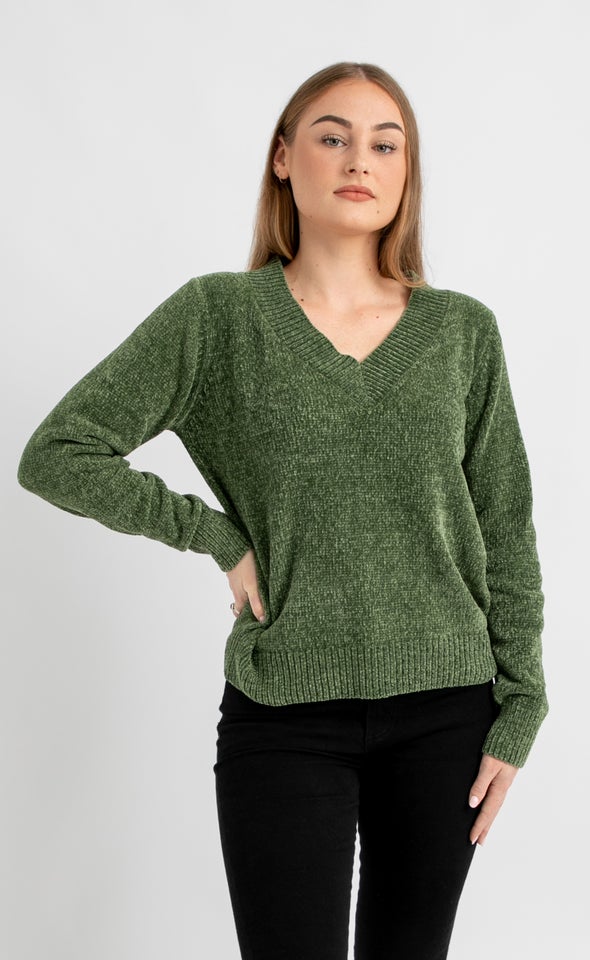 V Neck Chenille Sweater Olive