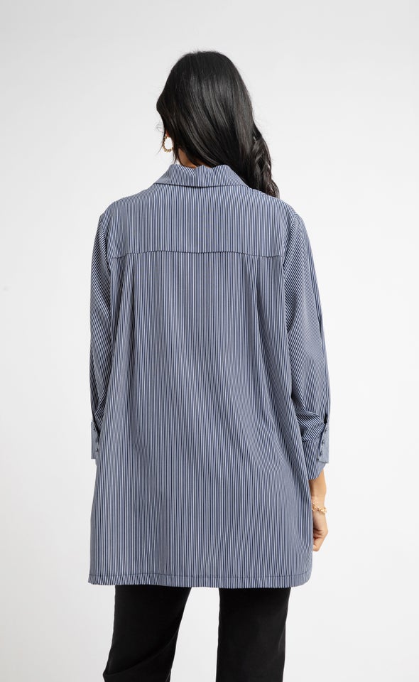 V Neck Cuffed Shirt Navy/white