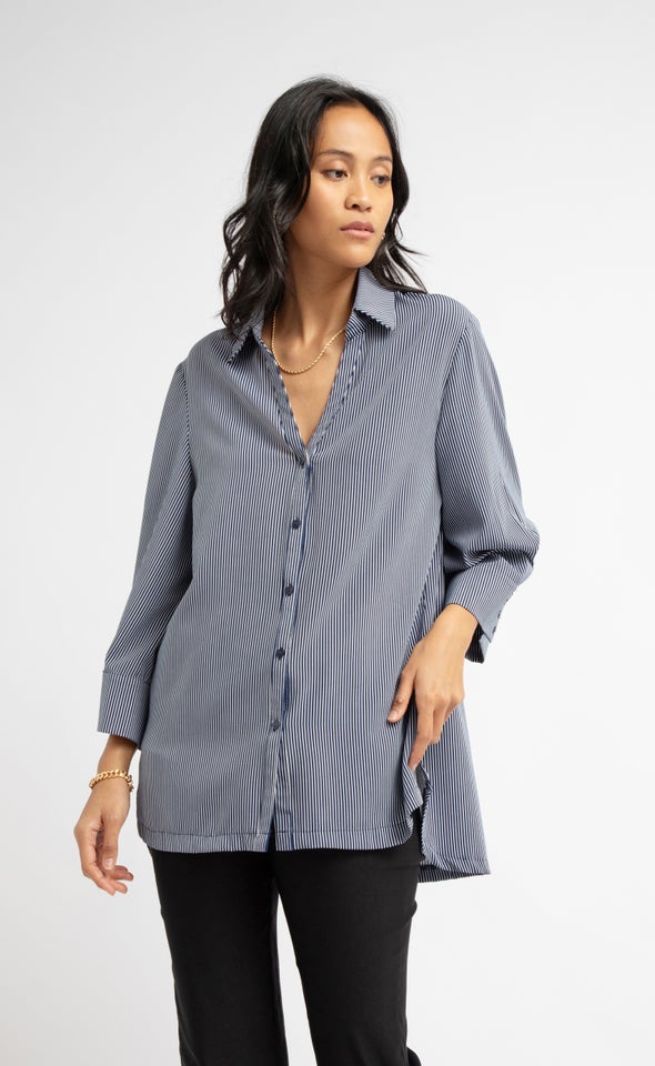 V Neck Cuffed Shirt Navy/white