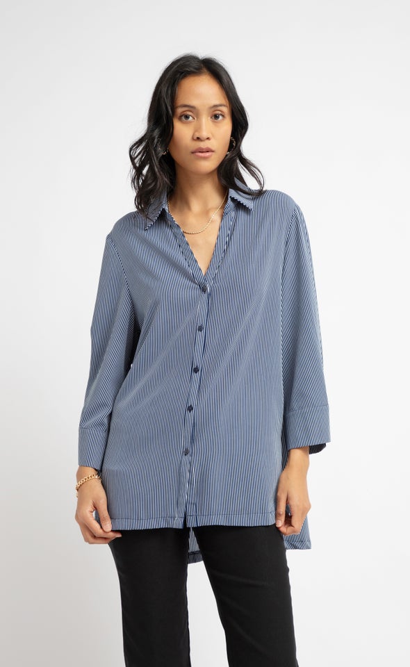 V Neck Cuffed Shirt Navy/white