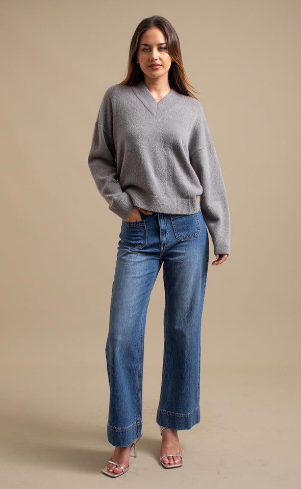 V Neck Drop Shoulder Sweater Grey Marle