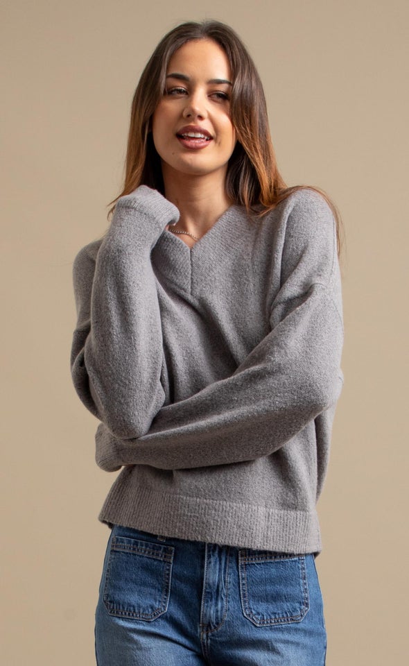 V Neck Drop Shoulder Sweater Grey Marle