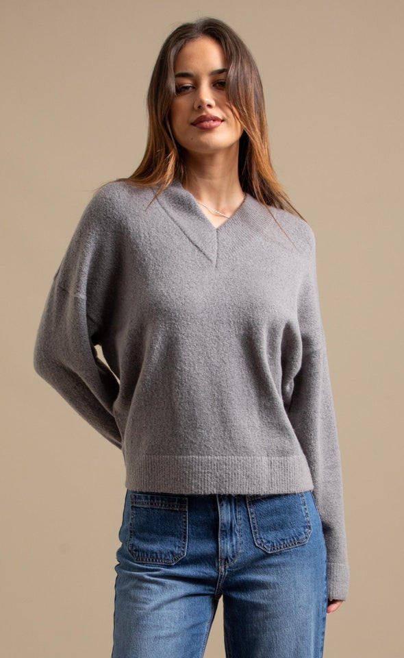 V Neck Drop Shoulder Sweater Grey Marle