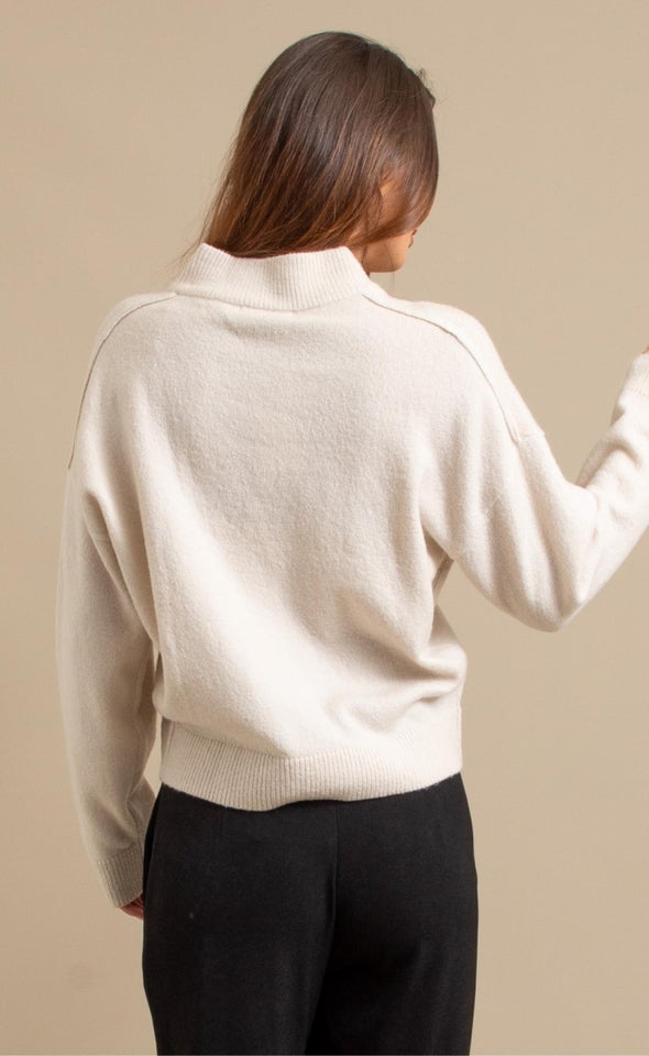 V Neck Drop Shoulder Sweater Natural