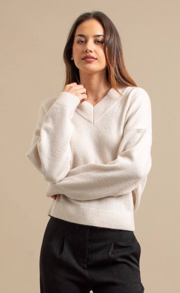 V Neck Drop Shoulder Sweater Natural