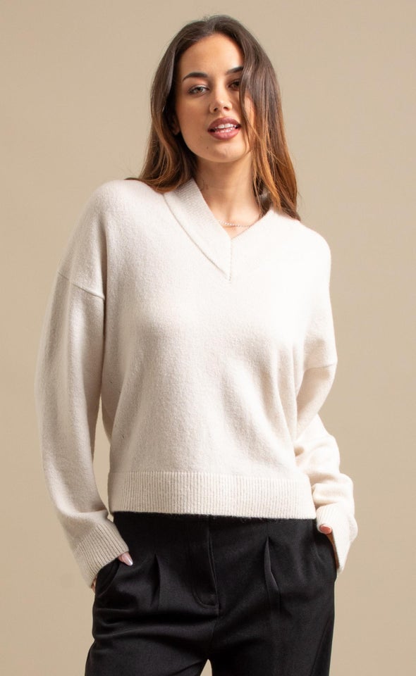 V Neck Drop Shoulder Sweater Natural