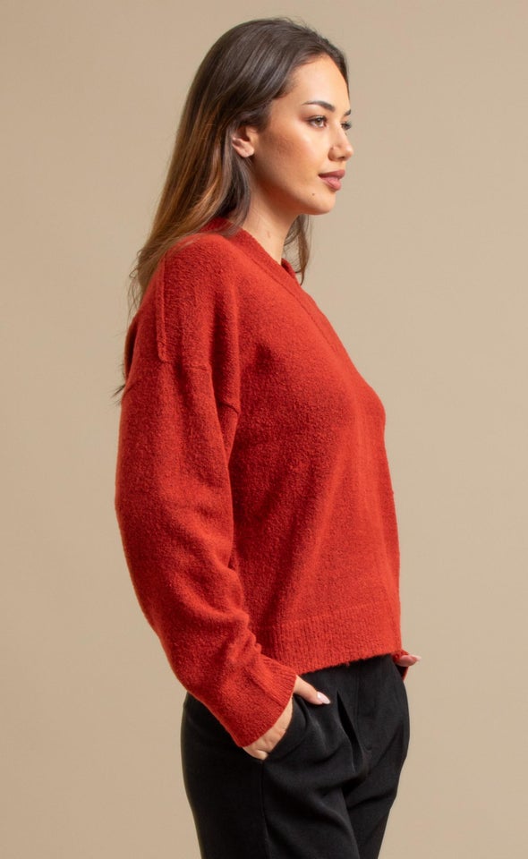V Neck Drop Shoulder Sweater Rust