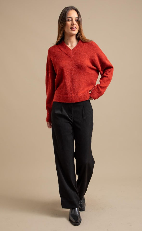 V Neck Drop Shoulder Sweater Rust