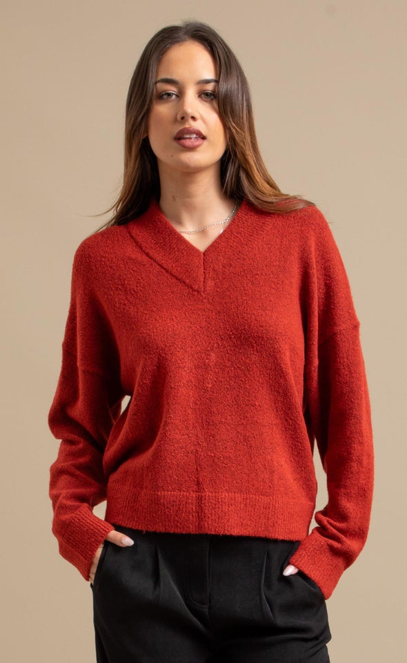 V Neck Drop Shoulder Sweater Rust
