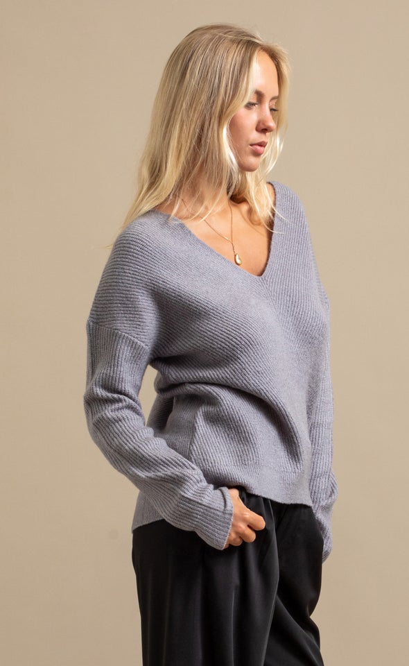 V Neck Marled Sweater Light Grey Marle