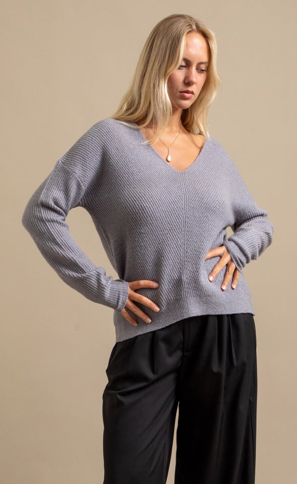 V Neck Marled Sweater Light Grey Marle