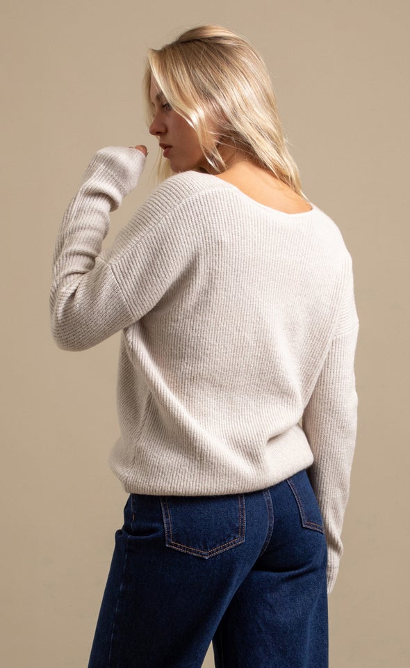 V Neck Marled Sweater Natural