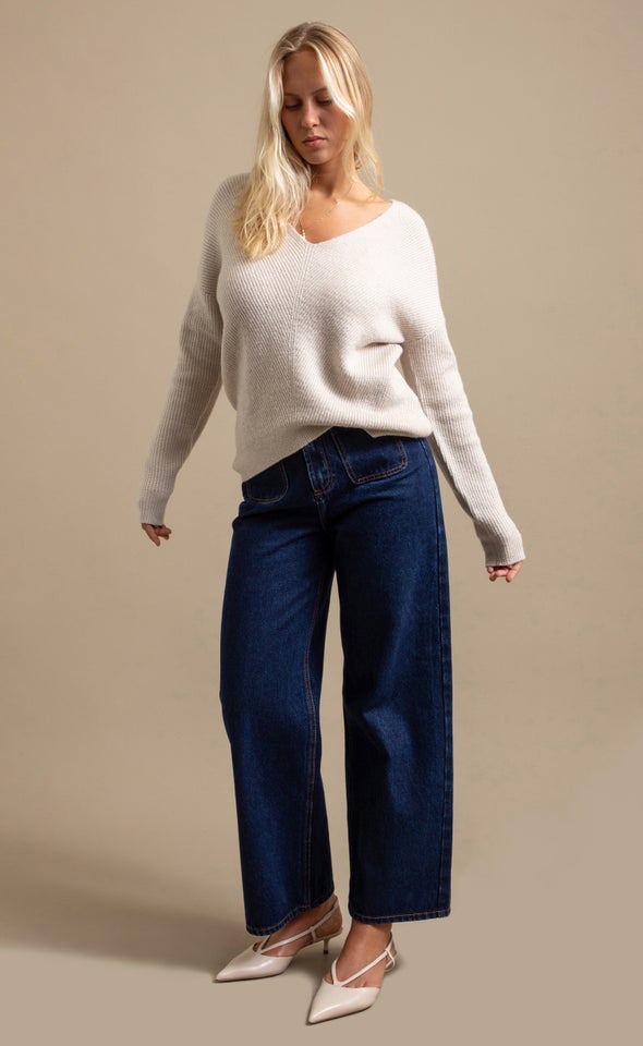 V Neck Marled Sweater Natural