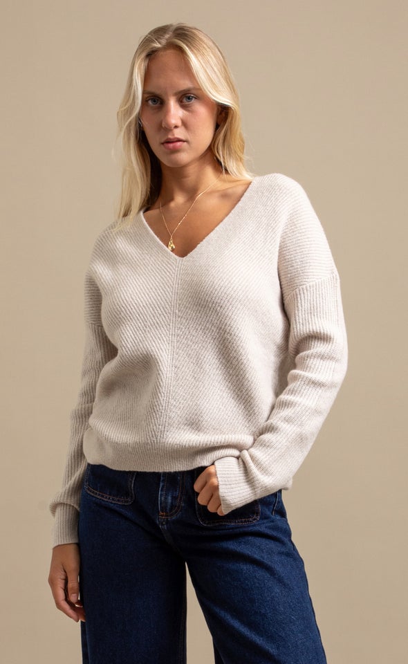 V Neck Marled Sweater Natural