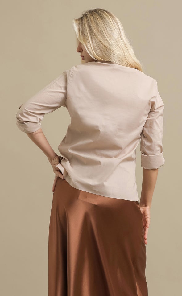 V Neck Roll Sleeve Shirt Natural