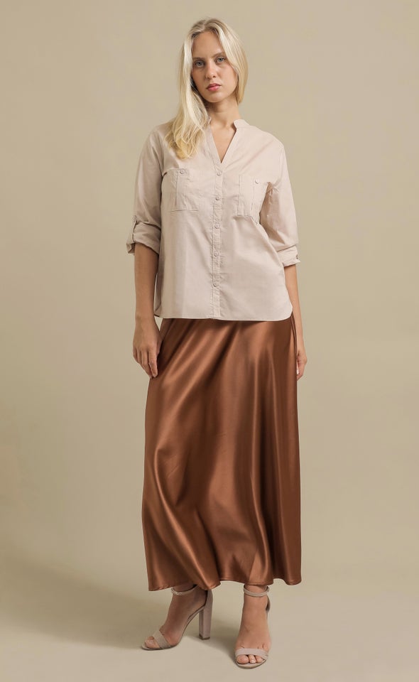 V Neck Roll Sleeve Shirt Natural