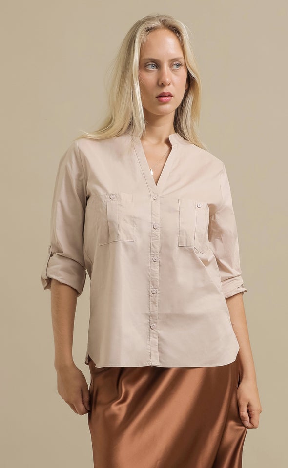 V Neck Roll Sleeve Shirt Natural
