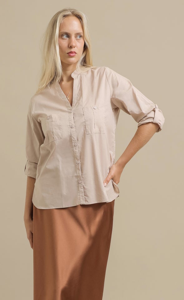 V Neck Roll Sleeve Shirt Natural