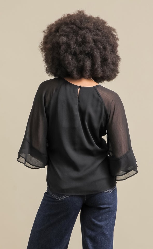 V Neck Ruffle Detail Top Black