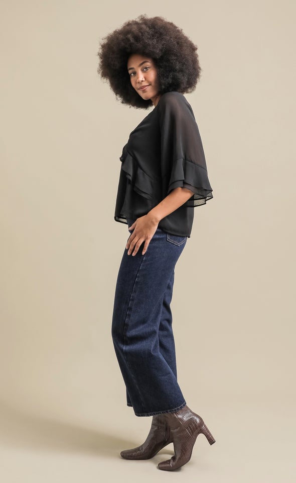 V Neck Ruffle Detail Top Black