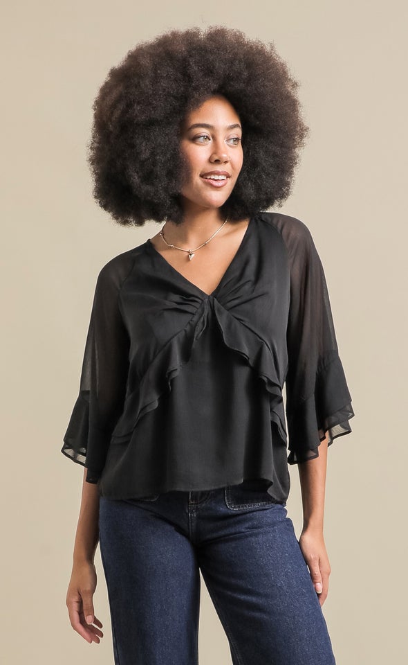 V Neck Ruffle Detail Top Black