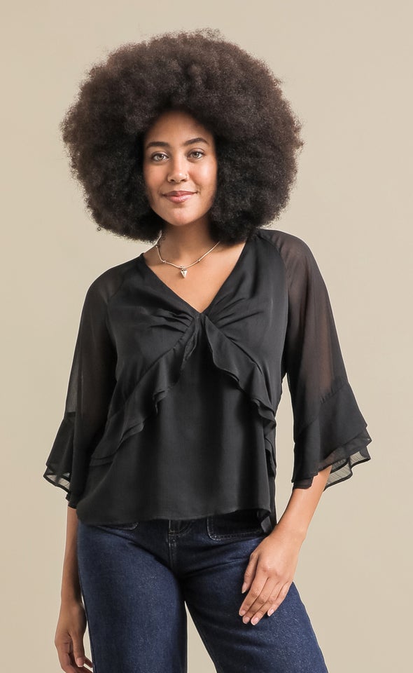 V Neck Ruffle Detail Top Black
