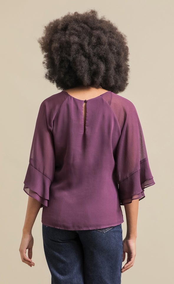V Neck Ruffle Detail Top Plum