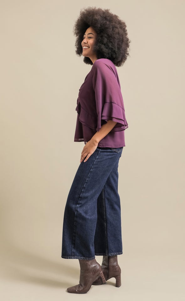 V Neck Ruffle Detail Top Plum