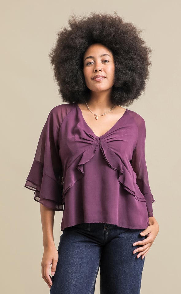 V Neck Ruffle Detail Top Plum