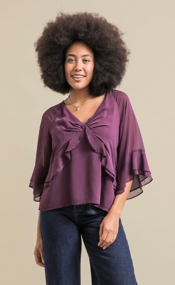 V Neck Ruffle Detail Top Plum
