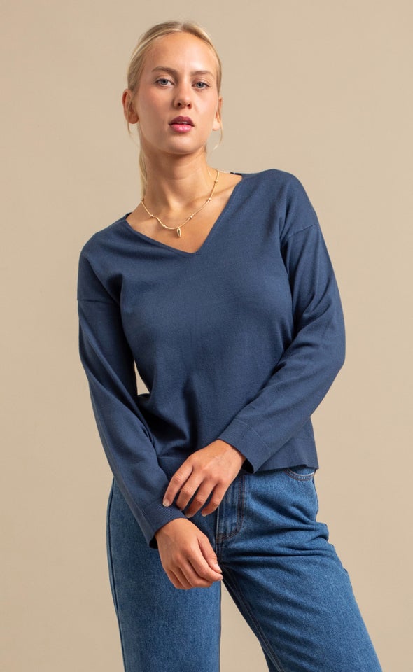V Neck Single Jersey Sweater Indigo