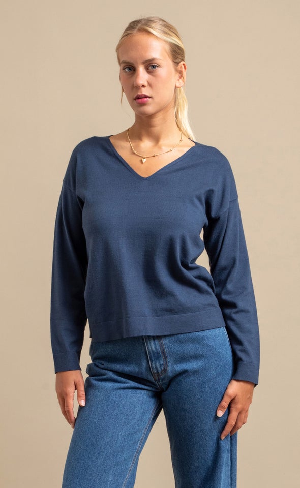 V Neck Single Jersey Sweater Indigo