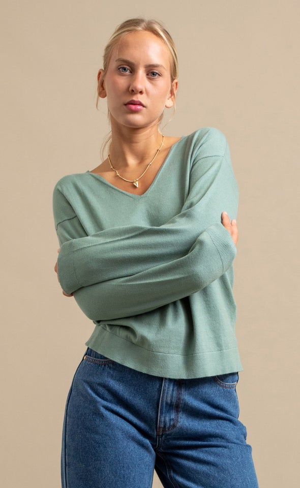 V Neck Single Jersey Sweater Sage