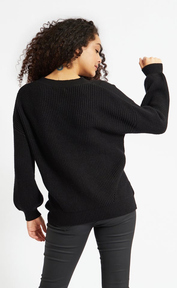 V Neck Soft Cable Sweater Black