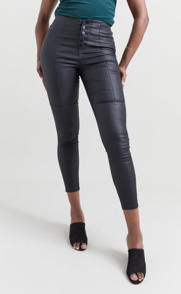 Vegan Leather Button Fly Skinnys Black