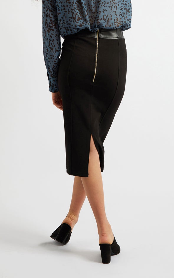 Vegan Leather High Waist Midi Skirt Black