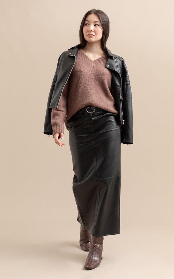 Vegan Leather Midi Skirt Black