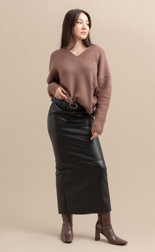 Vegan Leather Midi Skirt Black