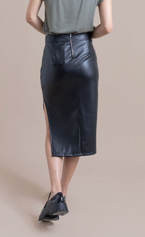 Vegan Leather Side Split Midi Black