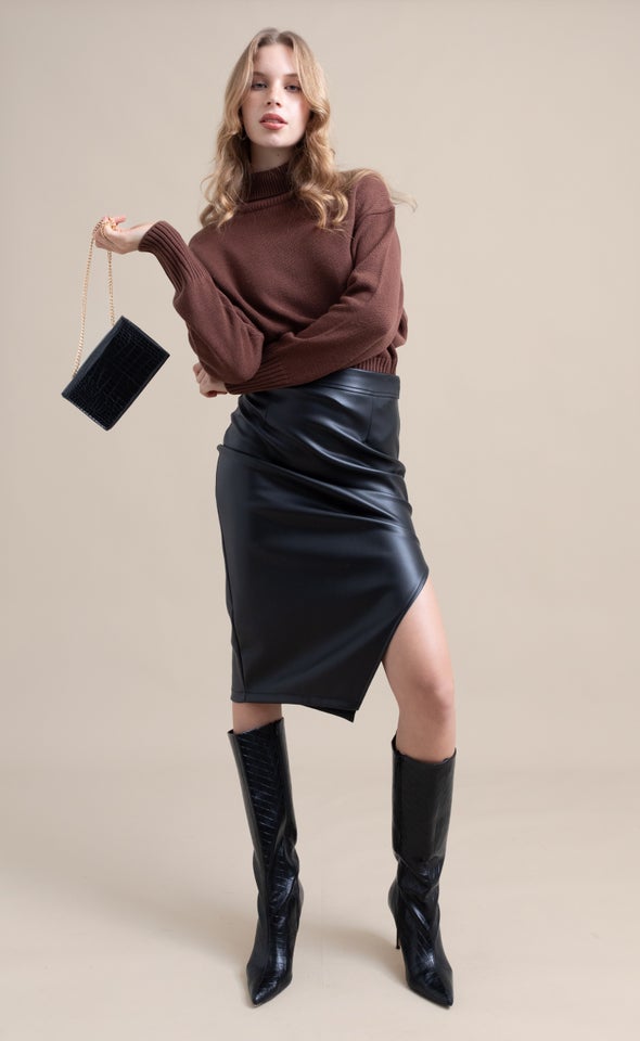 Vegan Leather Side Split Midi Black