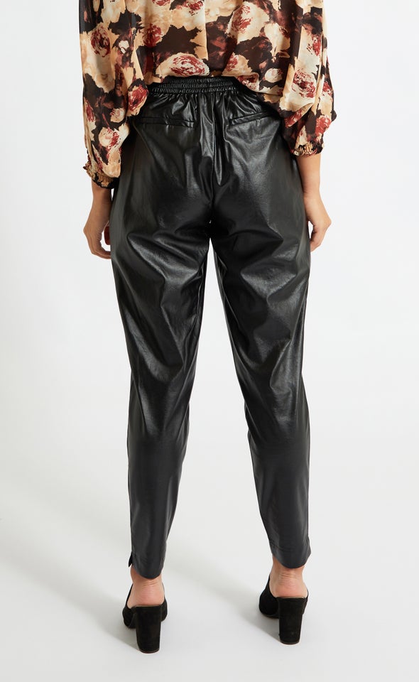 Vegan Leather Tie Waist Tapered Pant Black