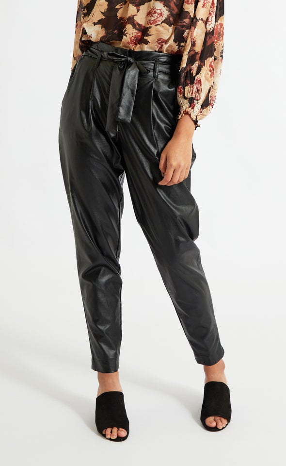 Vegan Leather Tie Waist Tapered Pant Black